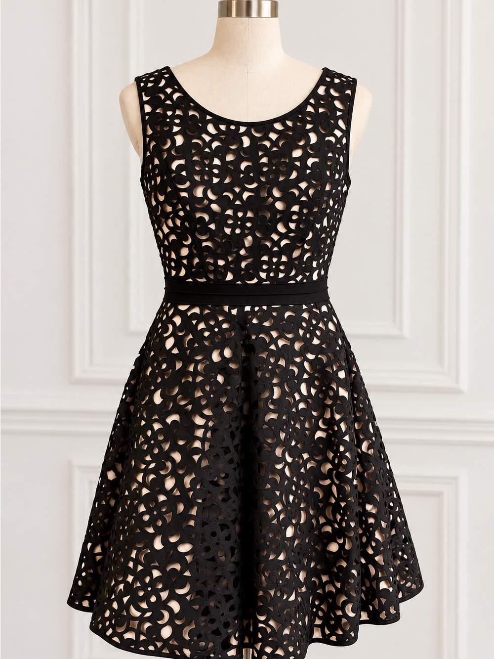 Xscape Black Laser-Cut Fit & Flare Dress with Nude Lining